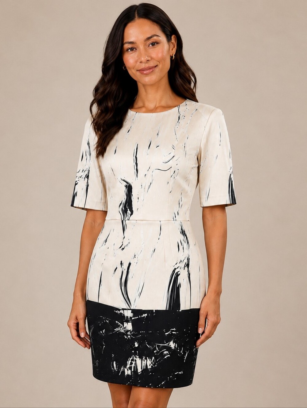 Antonio Melani Cream Black Abstract Print Short Sleeve Sheath Dress Size 8